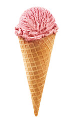 cone de biscoito com sorvete de morango isolado em fundo transparente - sorvete de casquinha