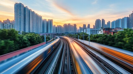 Fototapeta premium Urban Sunset with Train Motion and City Skyline