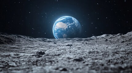 A view of Earth from the moon's surface with a starry night sky in the background.