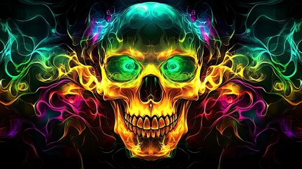 A skull with bold, glowing tribal designs, featuring intricate lines and abstract shapes in vibrant neon colors like green, yellow, and purple. The patterns wrap around the skull,