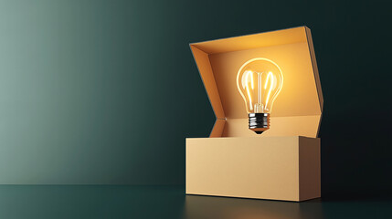 Illuminated light bulb inside an open cardboard box against a dark green background, symbolizing new ideas and creativity.