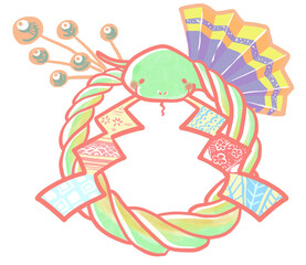 巳年の年賀状素材　しめ縄風　ピンク