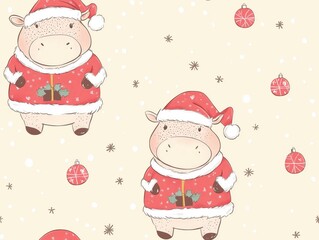 seamless pattern, wallpaper, the wallpaper has a cute line drawing of a Christmas Santa Claus pattern