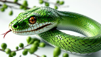 Fototapeta premium A vibrant green snake coiled among lush foliage, captured in serene natural beauty