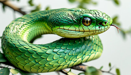 Fototapeta premium A vibrant green snake expertly coiled on a branch in a lush forest setting