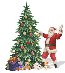 Watercolor Santa Claus, Christmas tree and gifts