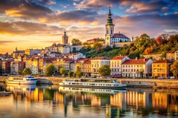 Naklejka premium Vintage Riverfront Scene of Belgrade's Historic Capital with Timeless Charm