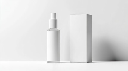 A white bottle with a spray nozzle and a matching white box on a white background.