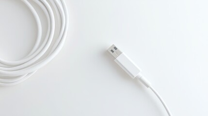 A white USB cable, coiled and plugged in, sits on a white background.