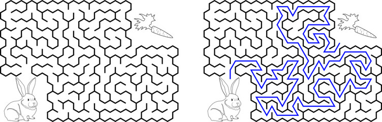 Help bunny pass through maze to find carrot. Feed the hungry pet labyrinth. Not hard riddle for kids and parents with solution