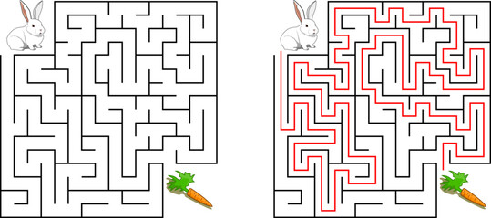 Help bunny pass through maze to find carrot. Feed the hungry pet labyrinth. Not hard riddle for kids and parents with solution