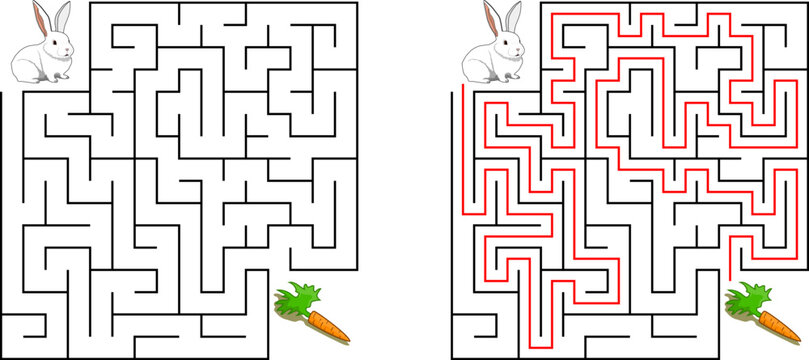 Help bunny pass through maze to find carrot. Feed the hungry pet labyrinth. Not hard riddle for kids and parents with solution