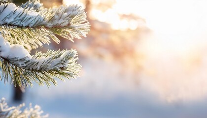 winter bright background with snowy pine branches in the sun natural bright background