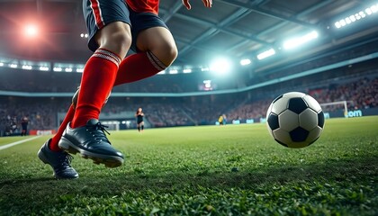 Naklejka premium A young male soccer player dribbling a soccer ball on a professional soccer field