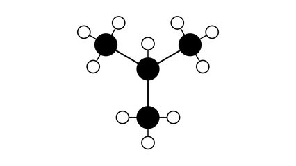 isobutane molecule, structural chemical formula, ball-and-stick model, isolated image isomer of butane