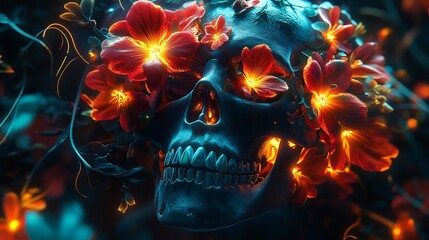 Obraz premium A skull with vibrant flowers growing from its eyes and mouth, with neon petals in bright shades of red, teal, and yellow. Graffiti vines twist and wrap around the skull, creating a dynamic,