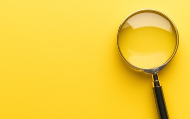 Minimalist magnifying glass on a bright yellow background, representing search and analysis, clean design with high contrast and simplicity