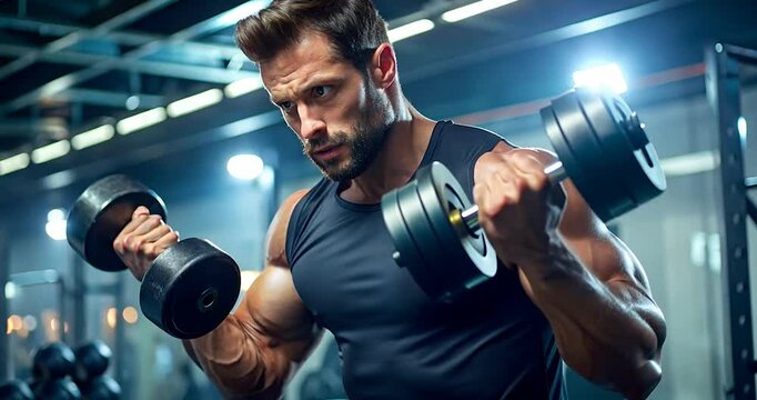 Muscular Man Weightlifting Bicep Curl in Gym &ndash; High-Resolution Image for Fitness and Strength Training Full HD 4k Video Download