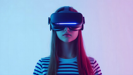 Young Girl Experiencing Virtual Reality with a VR Headset in a Minimalistic White Setting, Representing Future Technology and Immersive Experiences