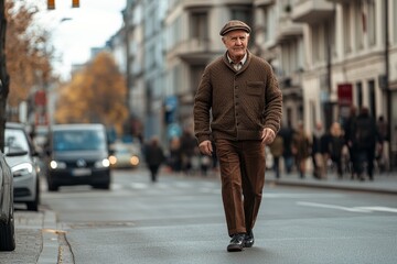 Fototapeta premium Man in a brown sweater and khaki pants walks across a street. old man walking on the street, wearing a beret, wearing a brown sweater on the upper body, brown pants on the lower body,