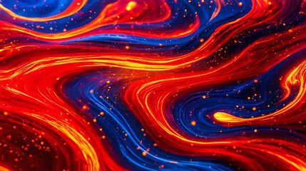 Vibrant Abstract Artwork with Fiery Red, Blue, and Gold Swirling Patterns and Glowing Embers