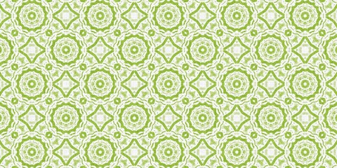 A vibrant geometric pattern in green and white, featuring symmetrical circles and diamond shapes in a kaleidoscopic design. Perfect for backgrounds, wallpapers, and textile prints.
