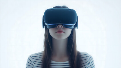 Young Girl Experiencing Virtual Reality with a VR Headset in a Minimalistic White Setting, Representing Future Technology and Immersive Experiences