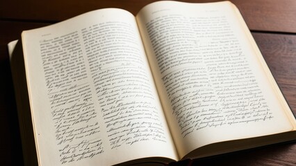 Obraz premium Open books with handwritten notes.A vintage-style open book with handwritten text illuminated by warm light, suggesting a personal journal or manuscript, creating an intellectual, timeless atmosphere.