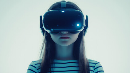 Young Girl Experiencing Virtual Reality with a VR Headset in a Minimalistic White Setting, Representing Future Technology and Immersive Experiences