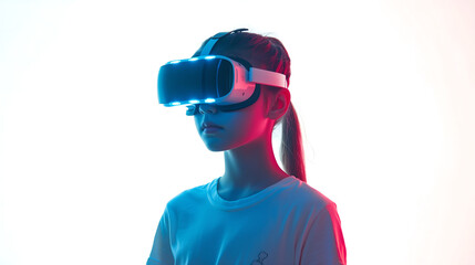 Young Girl Experiencing Virtual Reality with a VR Headset in a Minimalistic White Setting, Representing Future Technology and Immersive Experiences