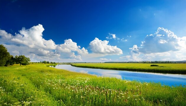 wide summer field with river uder cloudy deep blue sky