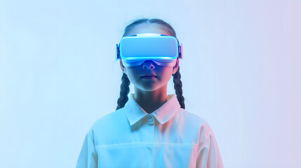 Young Girl Experiencing Virtual Reality with a VR Headset in a Minimalistic White Setting, Representing Future Technology and Immersive Experiences