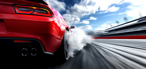 Rear view of a red muscle car in action, tires spinning and producing smoke, racing on a straight...