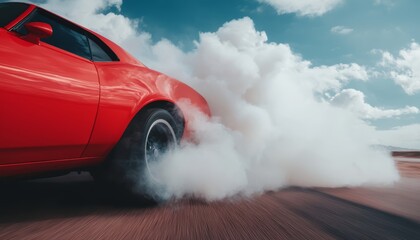 Red muscle car burning rubber on a road, tire smoke filling the scene, dynamic motion and powerful acceleration, cloudy sky in the background