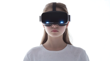 Young Girl Experiencing Virtual Reality with a VR Headset in a Minimalistic White Setting, Representing Future Technology and Immersive Experiences