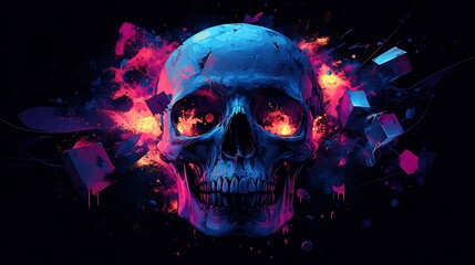 A surreal skull with distorted features, floating eyes, and teeth that bend and twist. The skull is surrounded by abstract shapes like floating cubes, spheres, and splashes of neon color.