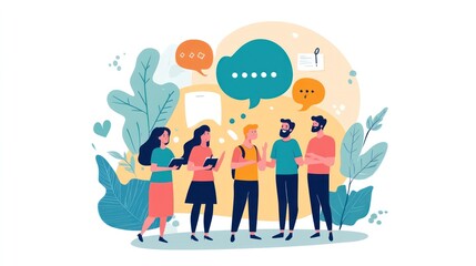 Team discussing ideas vector flat design, showcasing a collaborative environment with characters sharing creative thoughts