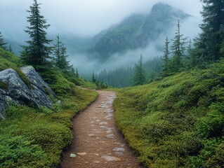 Obraz premium Path going through a forest with a mountain in the background