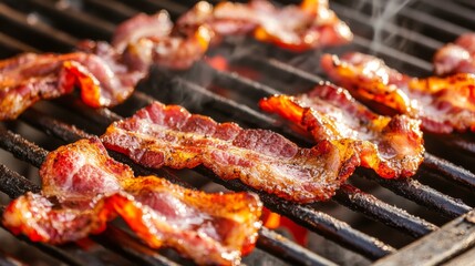 Crispy Bacon Slices Cooking on a Grill