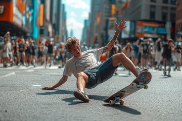 Man is falling on skateboard in the middle of a busy street. Scene is chaotic. young man wearing short sleeves skateboarding in the city fell to the ground with his body on the ground, feet in the air