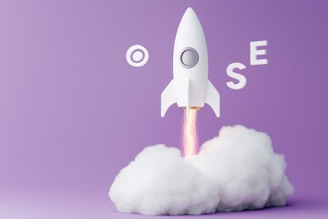 Rocket boosting off from SEO text, cloud of smoke below, purple theme, 3D illustration