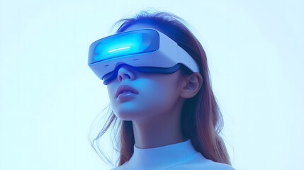 Young Girl Experiencing Virtual Reality with a VR Headset in a Minimalistic White Setting, Representing Future Technology and Immersive Experiences
