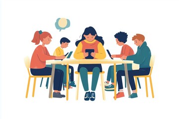 An illustration showing two kids sitting opposite each other, not interacting, as they focus on their gadgets, highlighting the challenges of socialization in the digital age