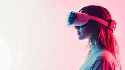 Young Girl Experiencing Virtual Reality with a VR Headset in a Minimalistic White Setting, Representing Future Technology and Immersive Experiences