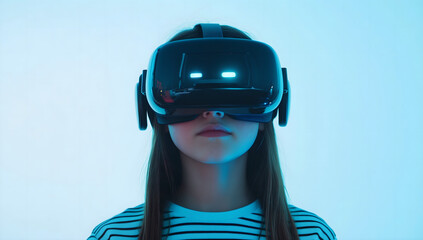 Young Girl Experiencing Virtual Reality with a VR Headset in a Minimalistic White Setting, Representing Future Technology and Immersive Experiences