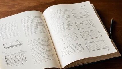 Open books with handwritten notes. An open book with handwritten notes, sketches, and diagrams reflecting a creative process, possibly related to book design. The scene evokes craftsmanship.