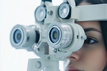A detailed banner showcasing an eye examination with vision testing equipment, ideal for topics related to eye care, vision tests, and ophthalmology