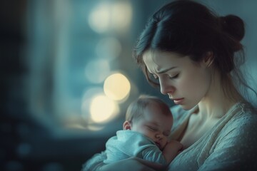 A poignant illustration of a young mother holding her newborn baby, with a sorrowful expression, symbolizing the emotional struggles of postpartum depression, ideal for topics related to mental health
