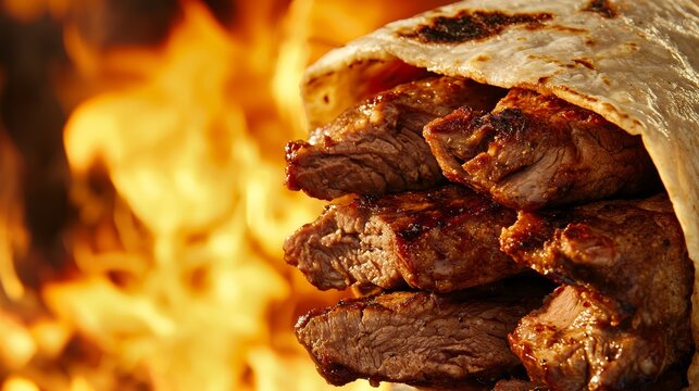 Rotating shawarma meat on a spit with flames in the background, slow-roasted layers of juicy meat, ready for slicing, smoky and savory scene