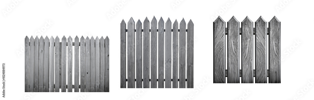 Poster Three sections of a wooden fence with pointed top rails against a white background.